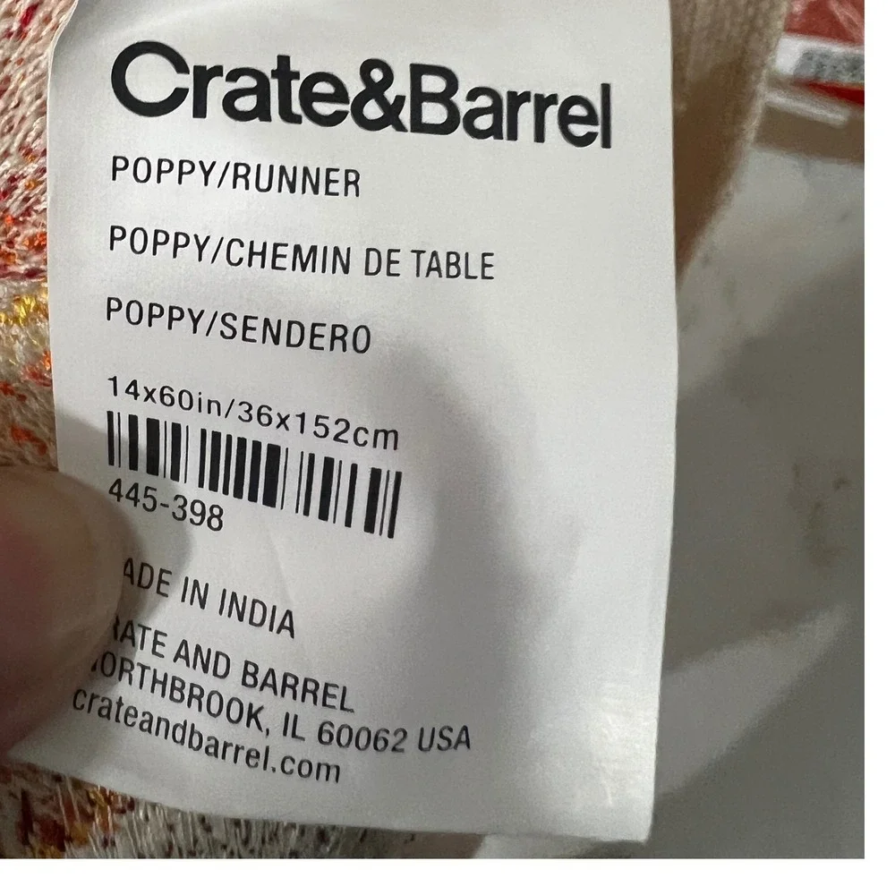 Crate & Barrel Poppy Embroidered Table Runner Orange Yellow Floral 14x60in